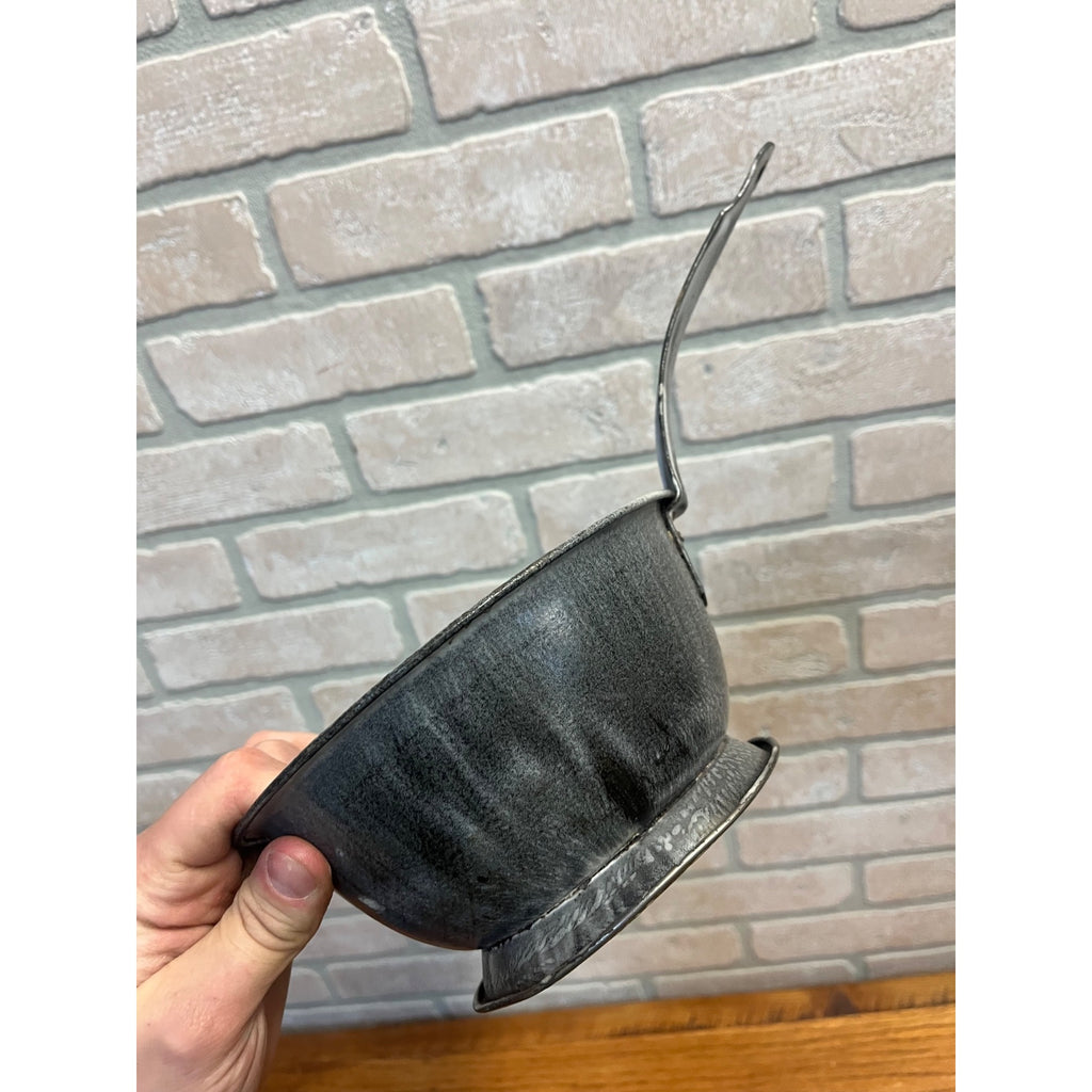 Antique Primitive Gray Enamel Graniteware Strainer Pan w/ Handle Grey Farmhouse Decor