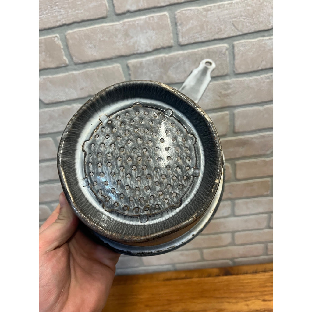 Antique Primitive Gray Enamel Graniteware Strainer Pan w/ Handle Grey Farmhouse Decor