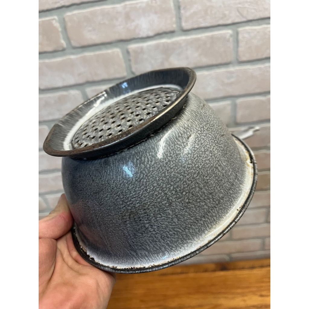 Antique Primitive Gray Enamel Graniteware Strainer Pan w/ Handle Grey Farmhouse Decor