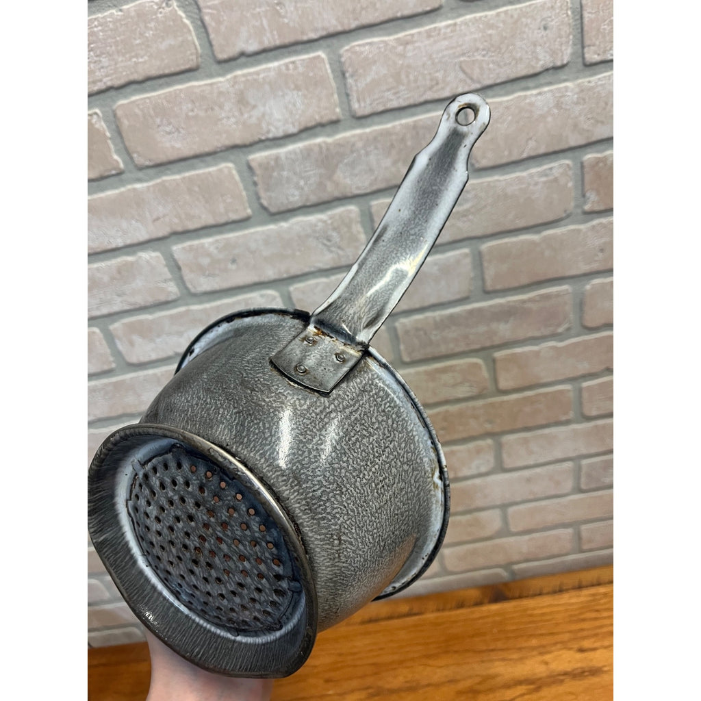 Antique Primitive Gray Enamel Graniteware Strainer Pan w/ Handle Grey Farmhouse Decor