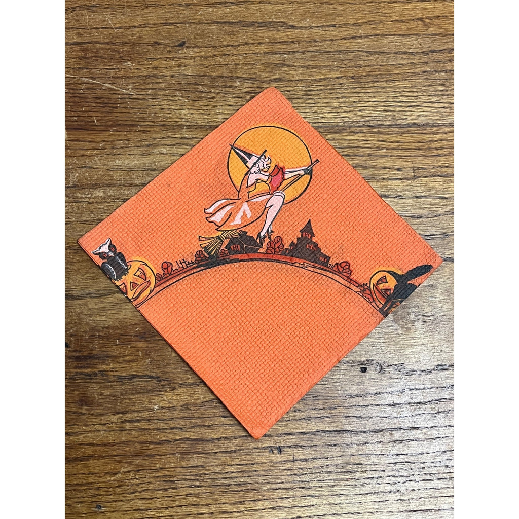 Vintage 1930s Halloween Dennison Crepe Paper Napkin Flying Witch Art Deco JOL