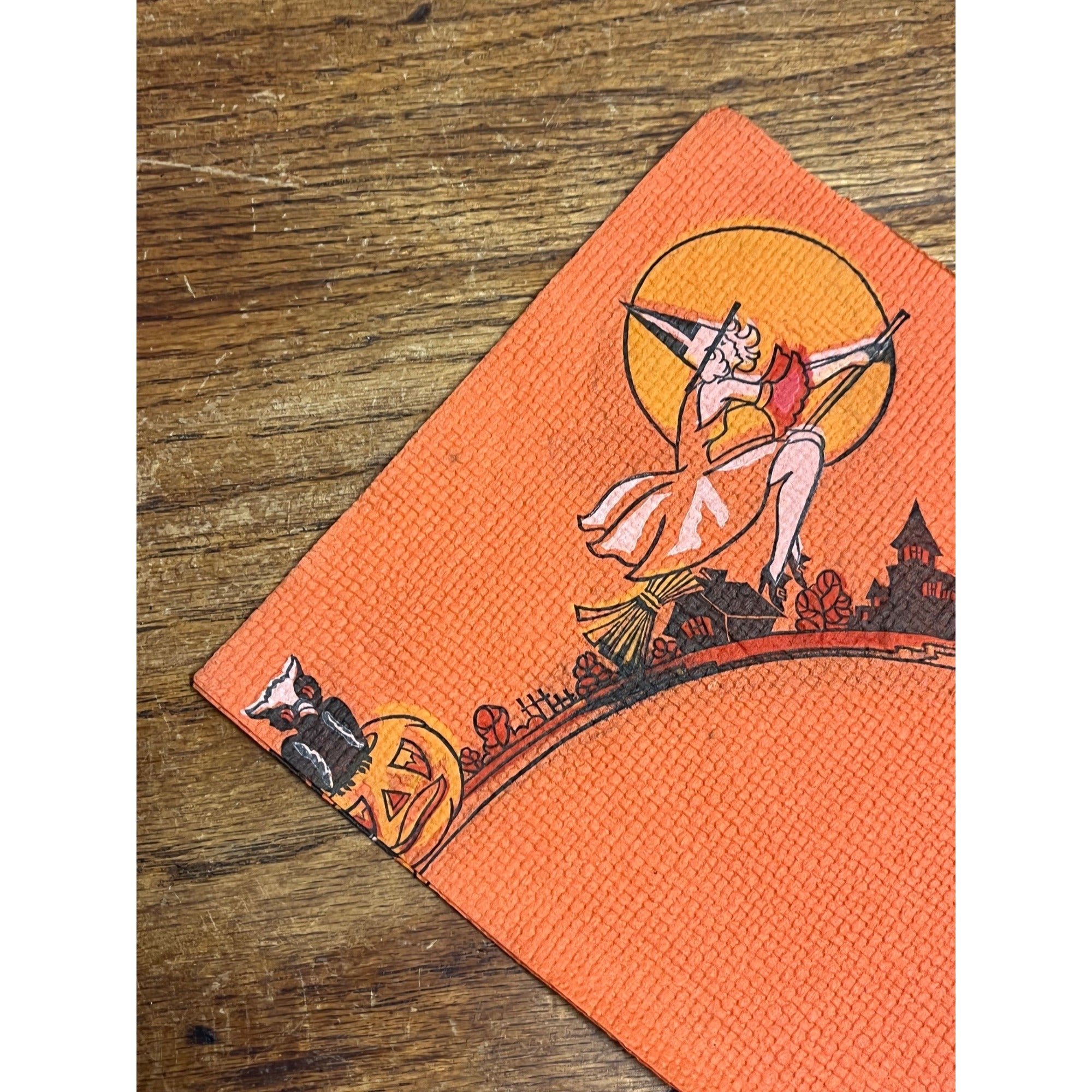 Vintage 1930s Halloween Dennison Crepe Paper Napkin Flying Witch Art Deco JOL