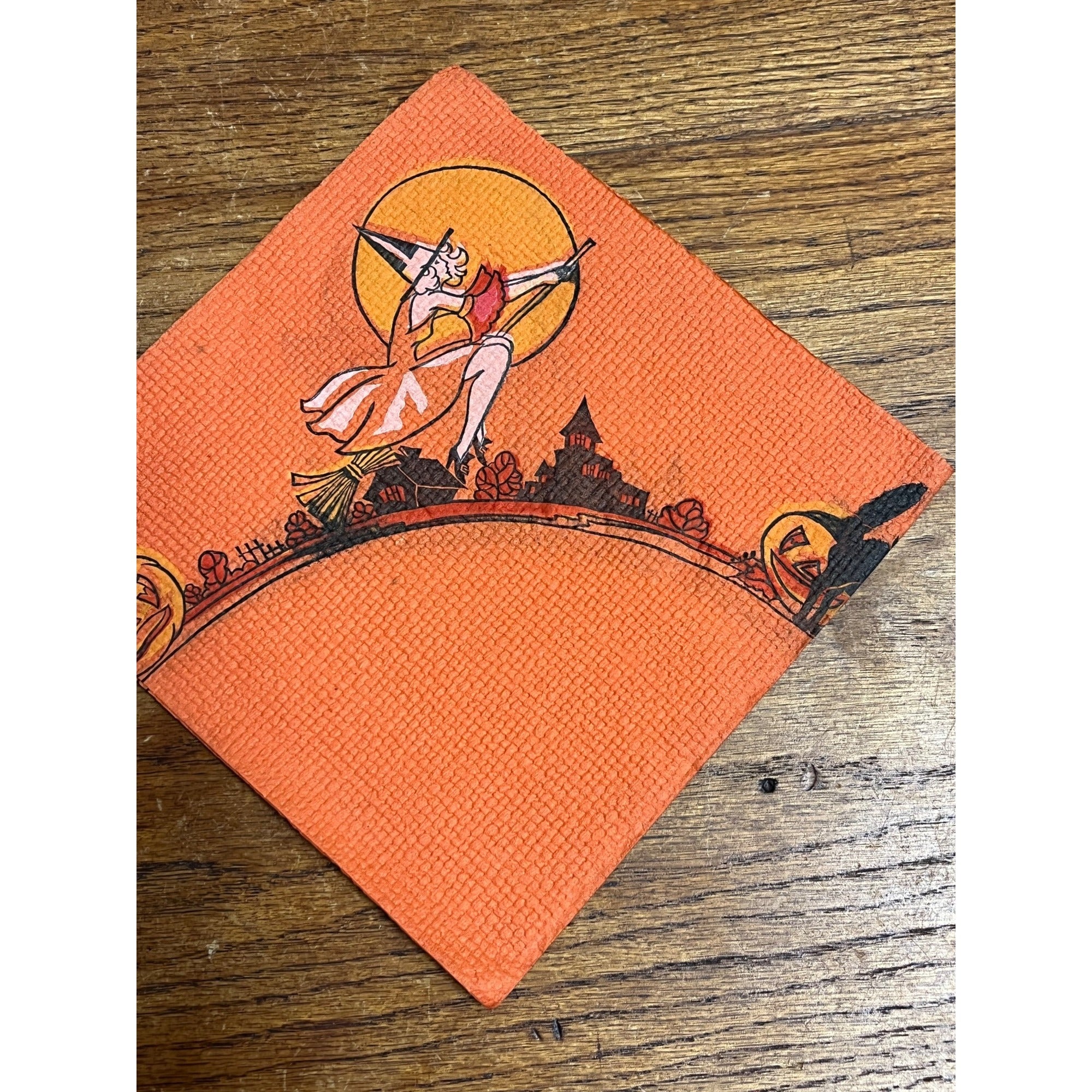 Vintage 1930s Halloween Dennison Crepe Paper Napkin Flying Witch Art Deco JOL