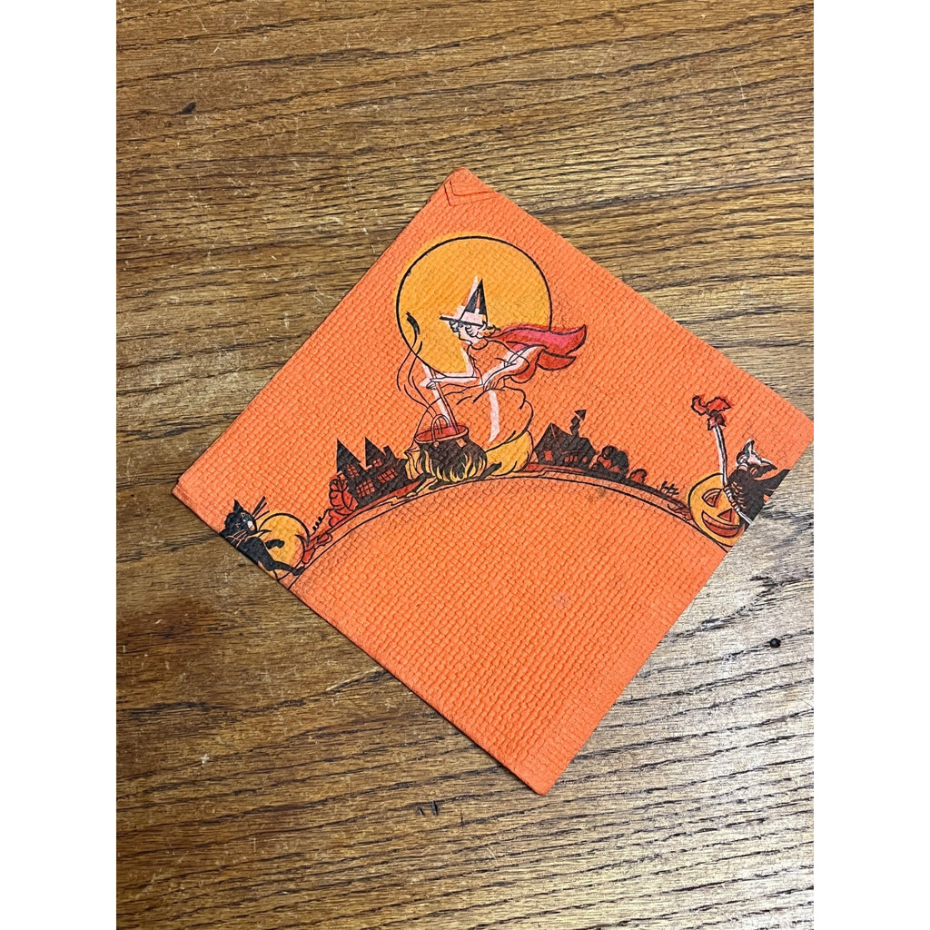 Vintage 1930s Halloween Dennison Crepe Paper Napkin Flying Witch Art Deco JOL