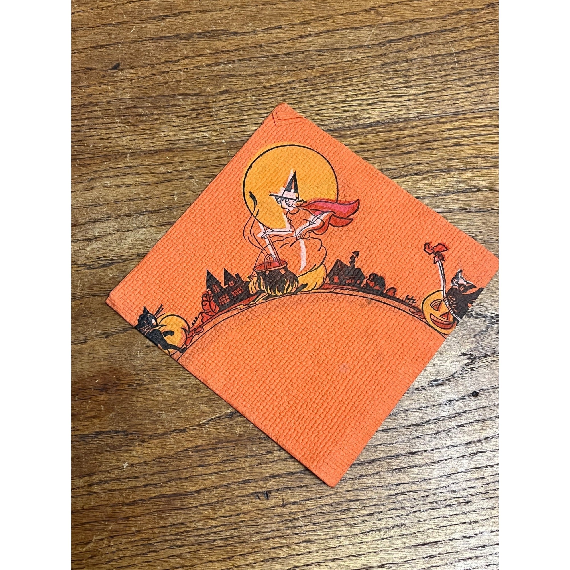 Vintage 1930s Halloween Dennison Crepe Paper Napkin Flying Witch Art Deco JOL
