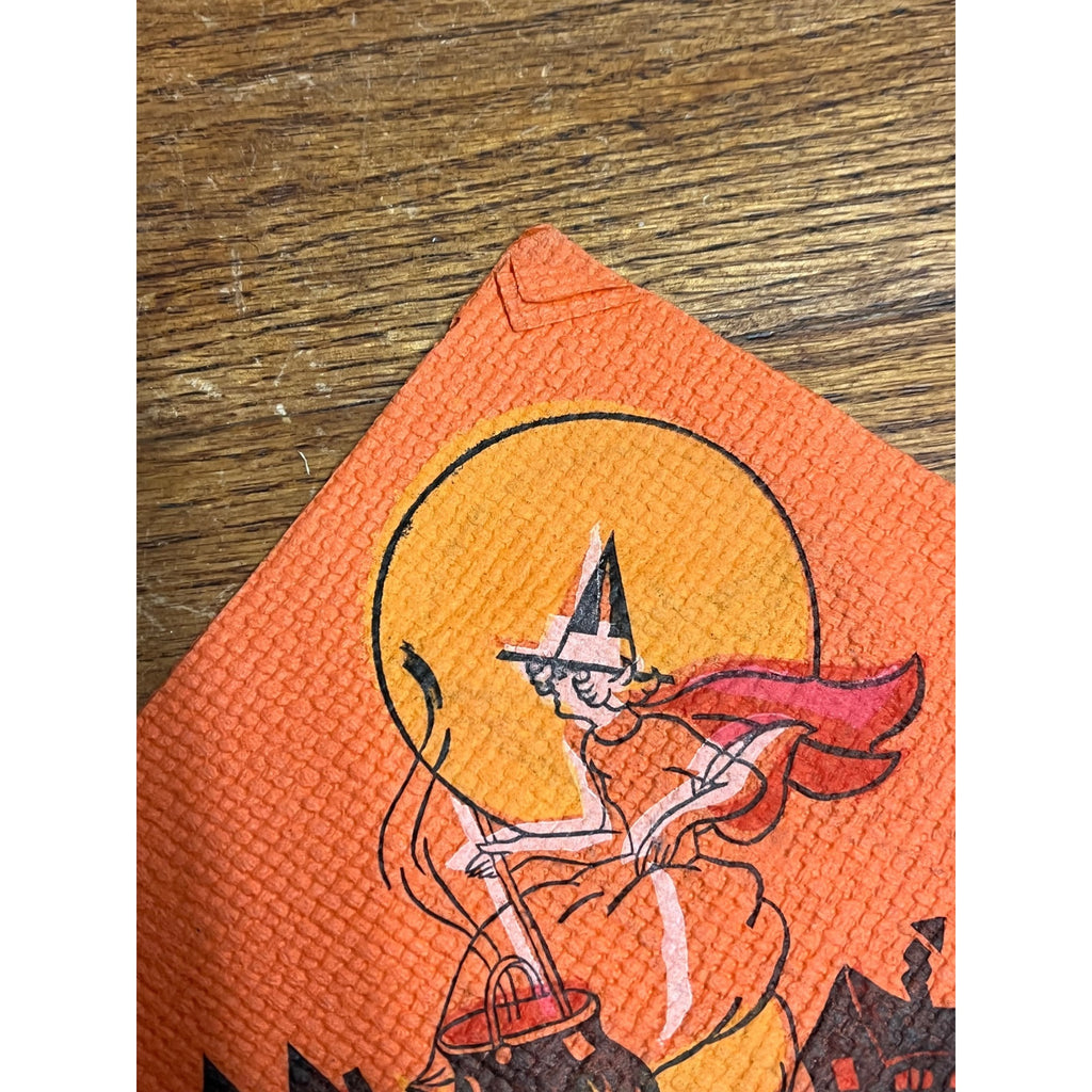 Vintage 1930s Halloween Dennison Crepe Paper Napkin Flying Witch Art Deco JOL
