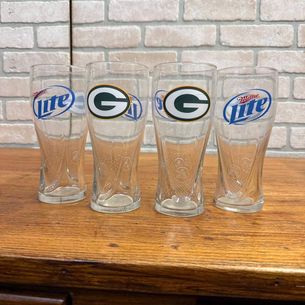 (4) Miller Lite Beer Green Bay Packers Football Pilsner Glasses Tumblers Beer Mugs