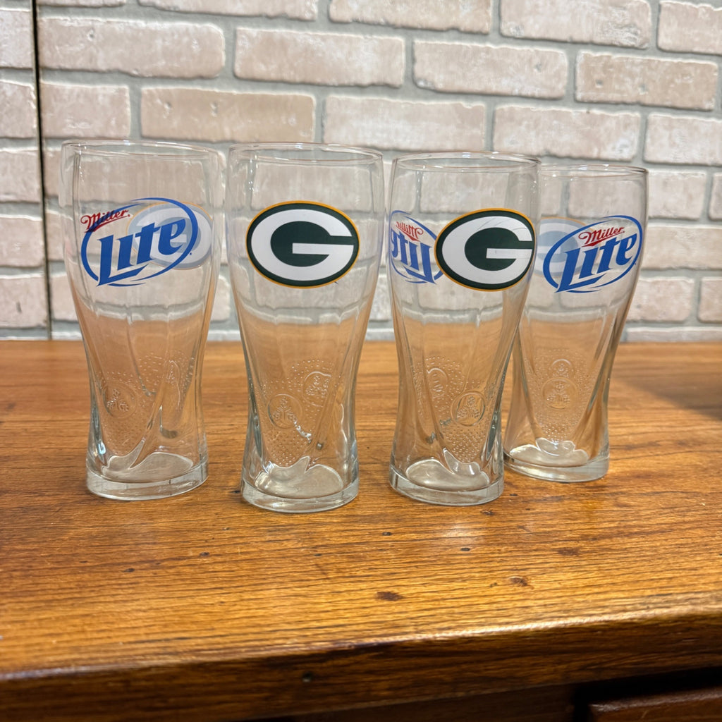 (4) Miller Lite Beer Green Bay Packers Football Pilsner Glasses Tumblers Beer Mugs