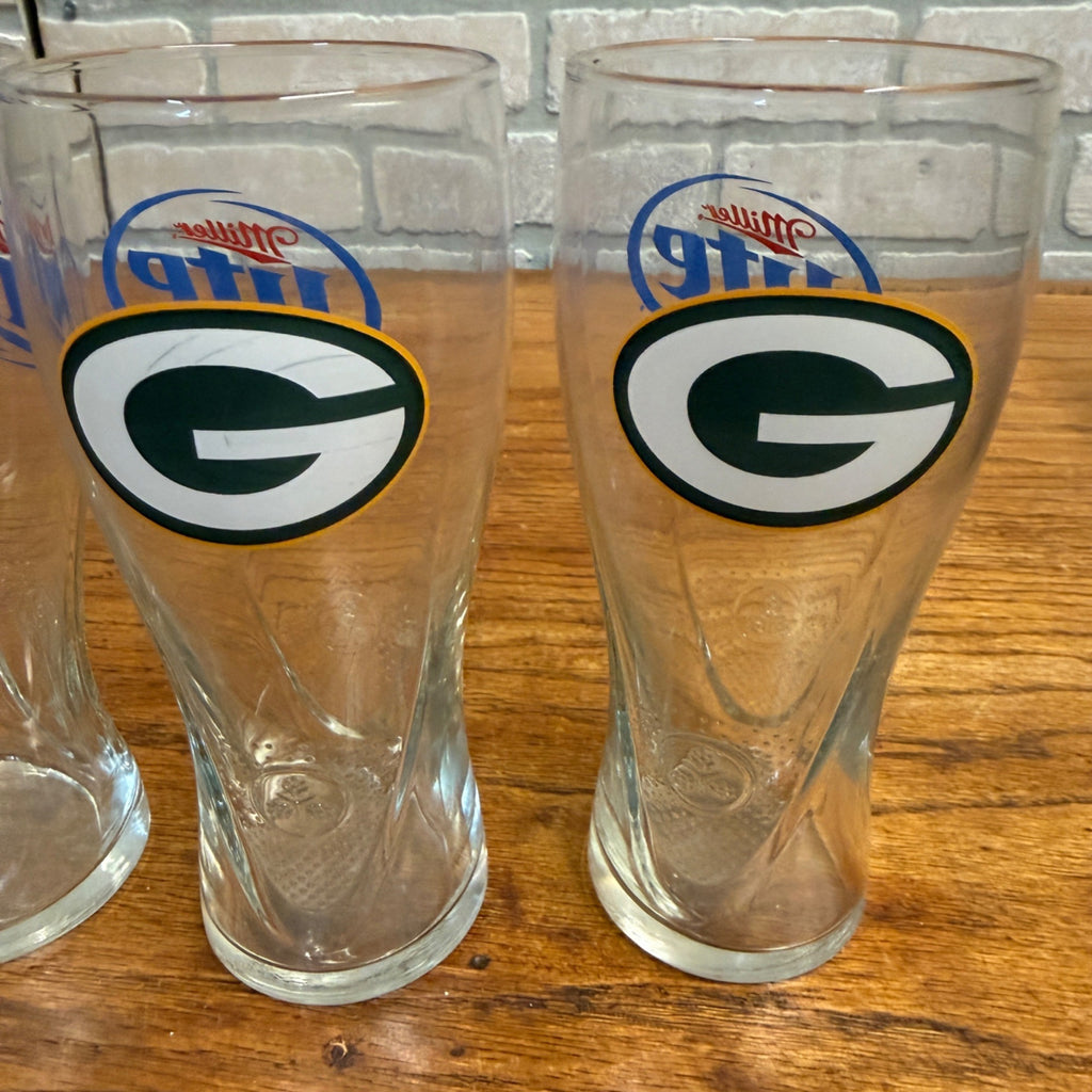 (4) Miller Lite Beer Green Bay Packers Football Pilsner Glasses Tumblers Beer Mugs