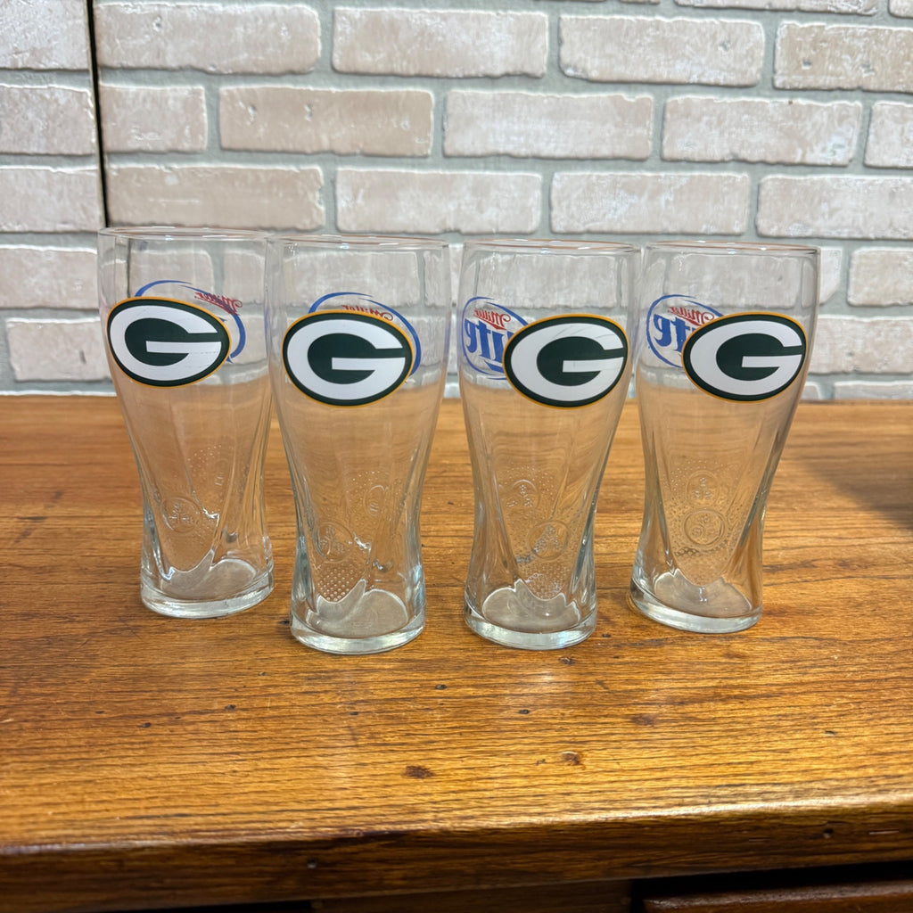 (4) Miller Lite Beer Green Bay Packers Football Pilsner Glasses Tumblers Beer Mugs