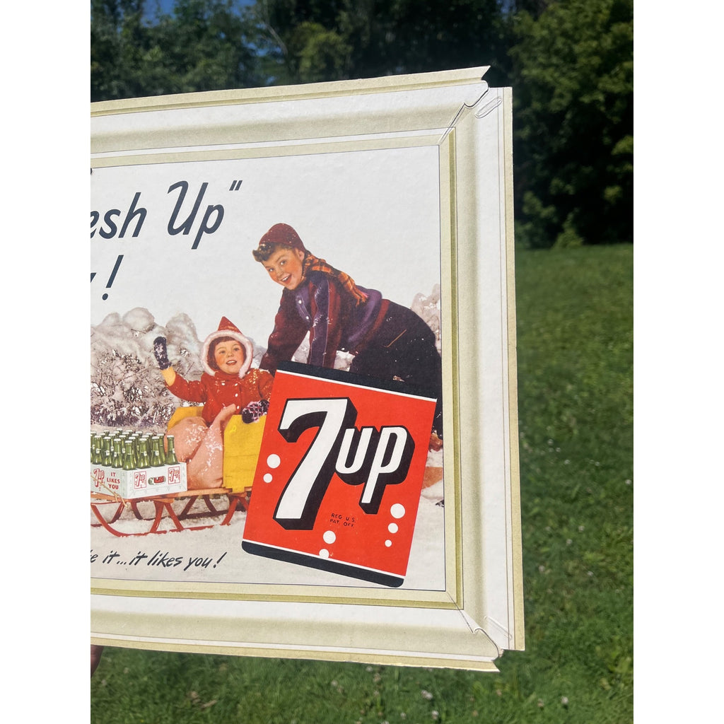 Vintage 1949 7UP Seven-Up Soda Sign Self Framing Family Winter Scene Advertising Cardstock