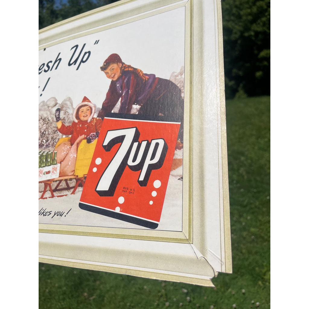 Vintage 1949 7UP Seven-Up Soda Sign Self Framing Family Winter Scene Advertising Cardstock