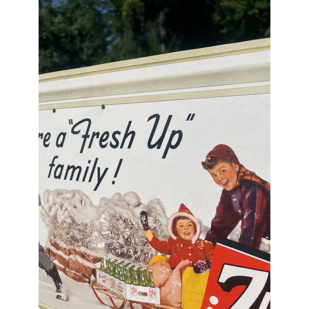 Vintage 1949 7UP Seven-Up Soda Sign Self Framing Family Winter Scene Advertising Cardstock
