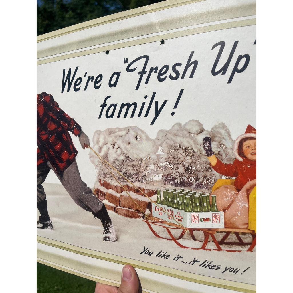 Vintage 1949 7UP Seven-Up Soda Sign Self Framing Family Winter Scene Advertising Cardstock