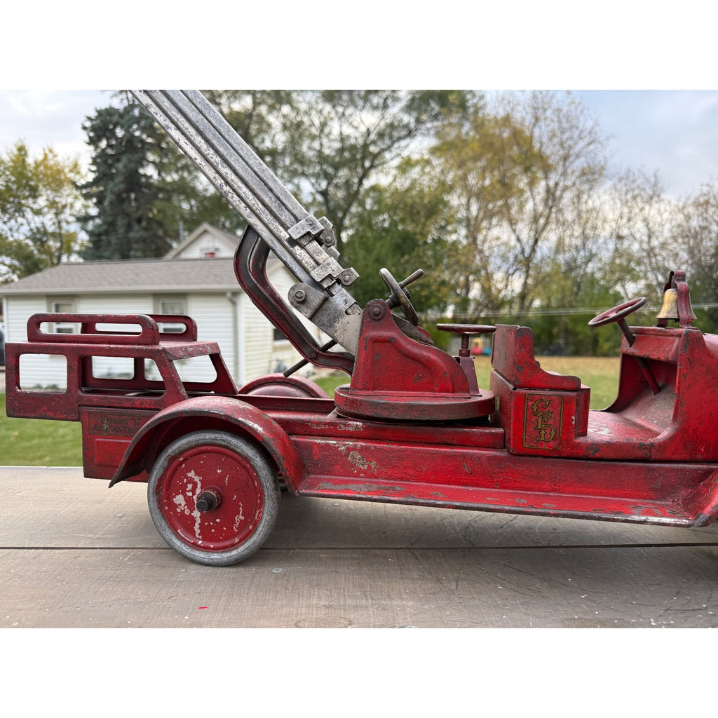 Vintage 1920s Buddy L Aerial Fire Ladder Truck Pressed Steel Toy