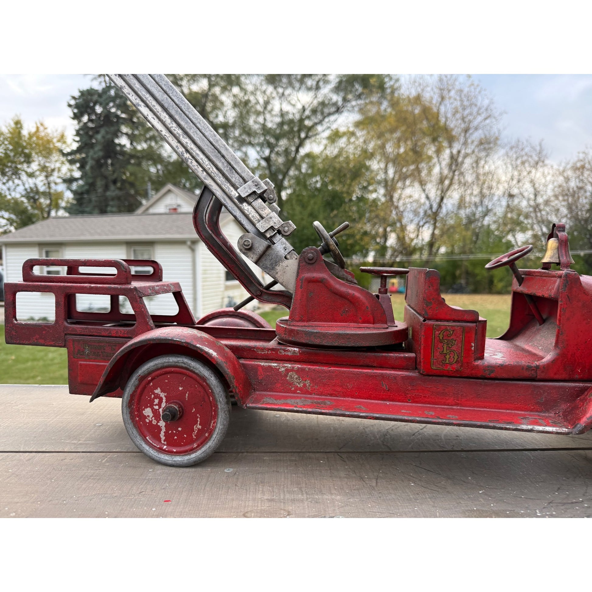 Vintage 1920s Buddy L Aerial Fire Ladder Truck Pressed Steel Toy