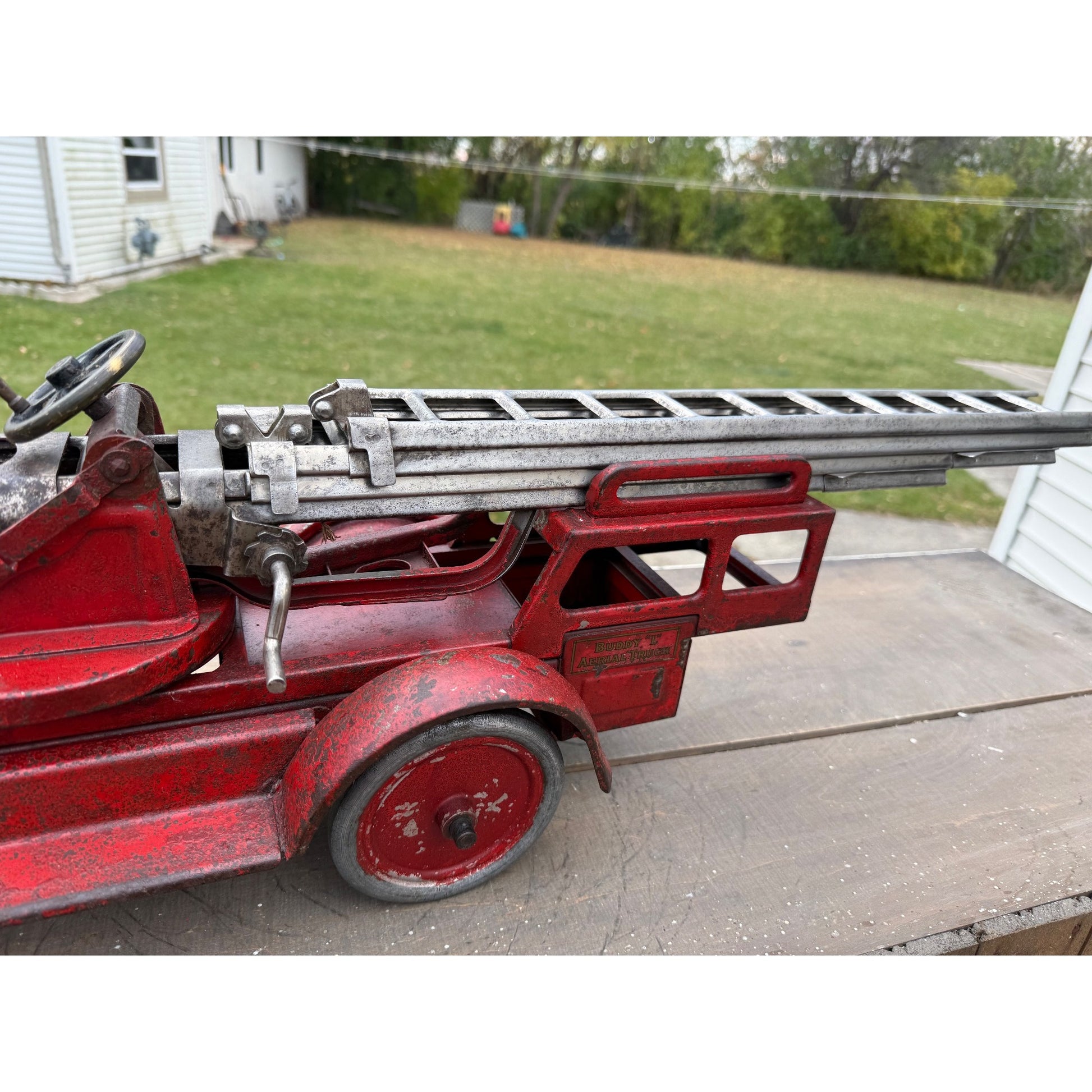 Vintage 1920s Buddy L Aerial Fire Ladder Truck Pressed Steel Toy