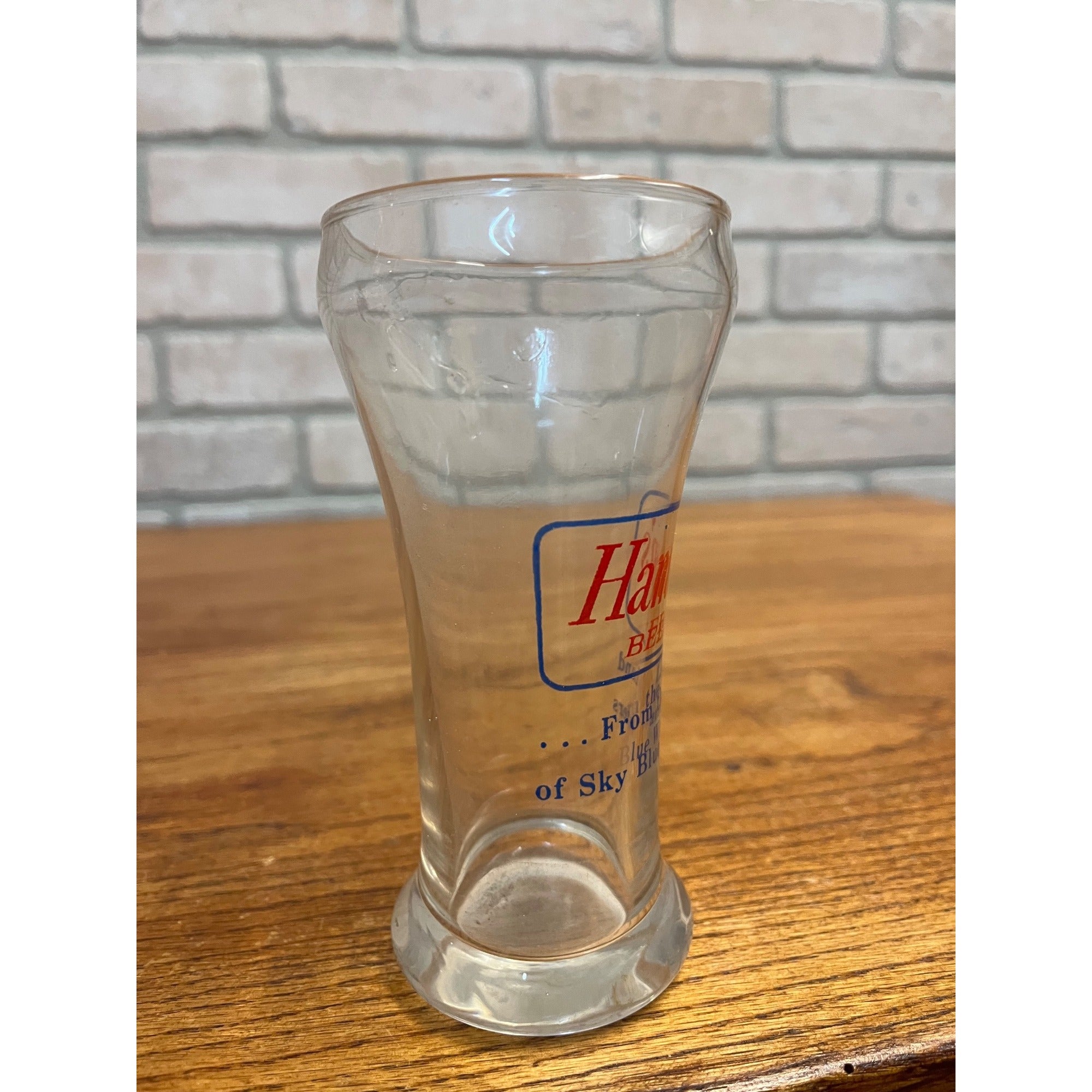 Vintage Hamm’s Beer Pilsner Glass 5-5/8" Tall Blue Border Land Sky Blue Waters