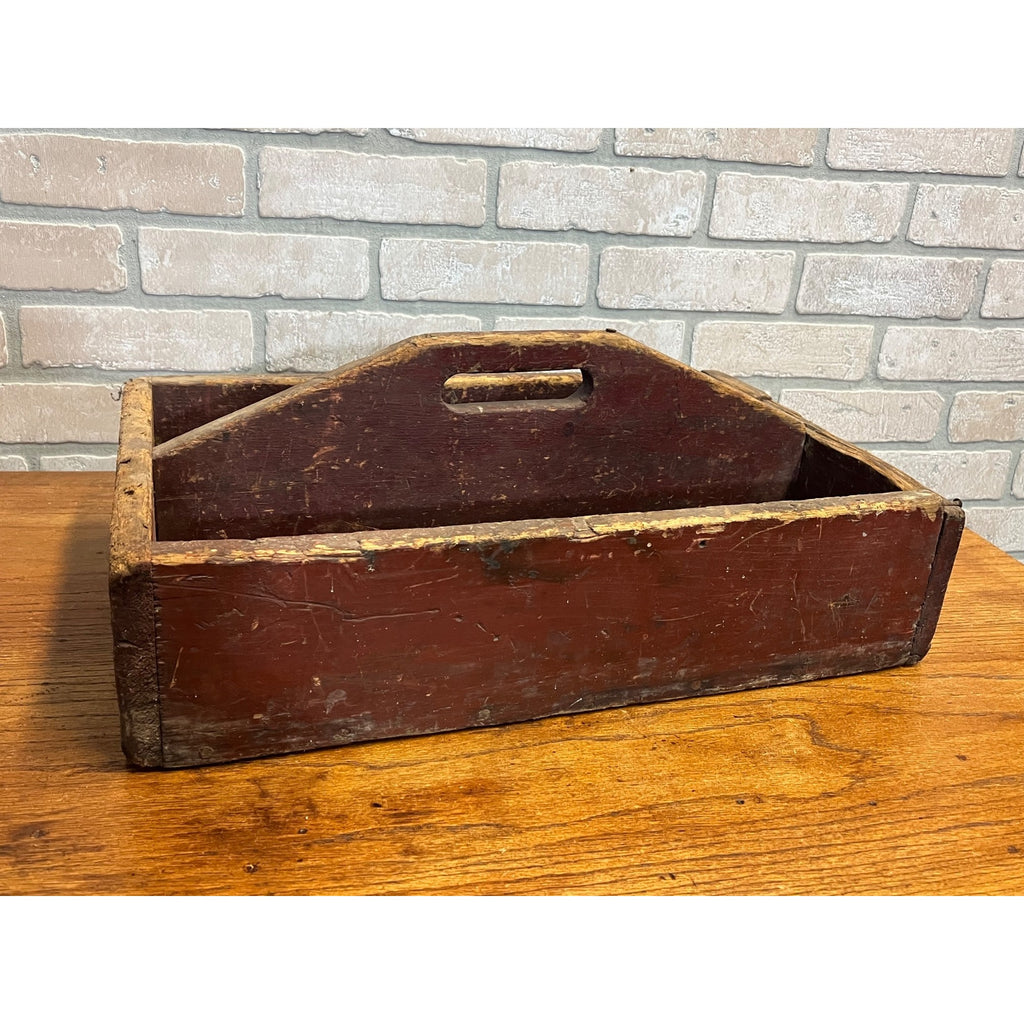 Antique Primitive Red Wooden Tool Carrier Tote Crate Rustic