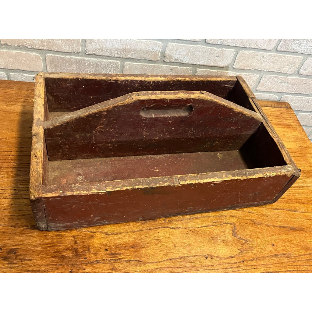 Antique Primitive Red Wooden Tool Carrier Tote Crate Rustic