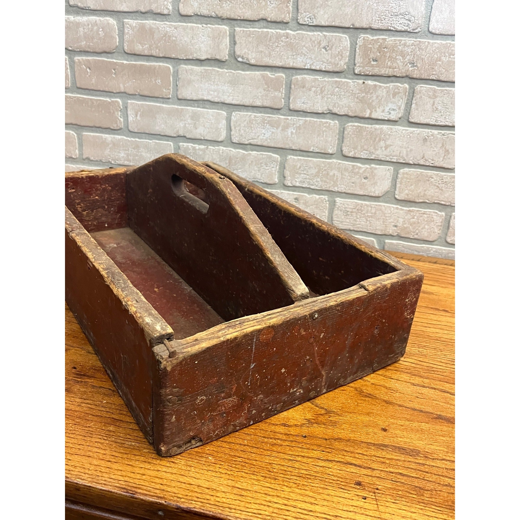 Antique Primitive Red Wooden Tool Carrier Tote Crate Rustic
