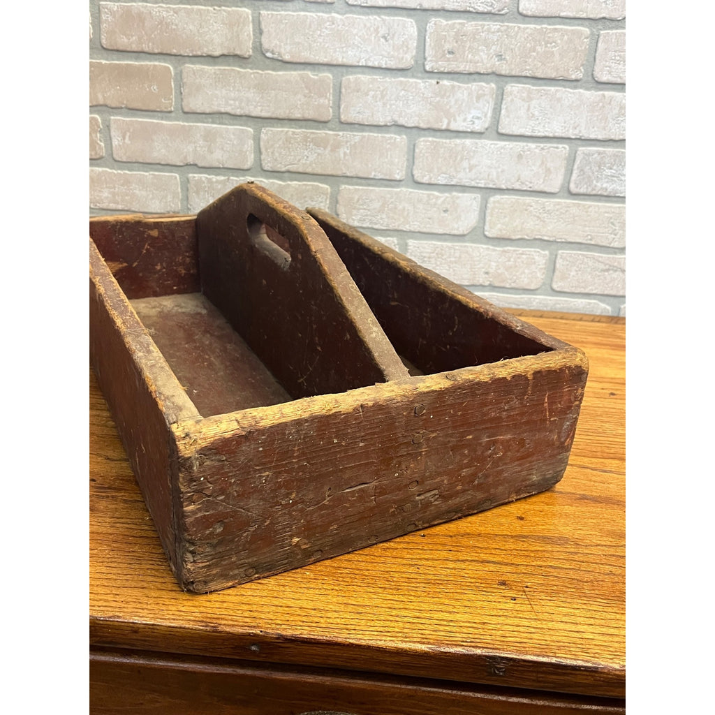 Antique Primitive Red Wooden Tool Carrier Tote Crate Rustic