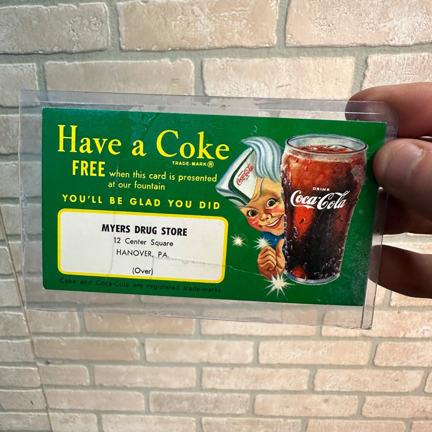 1950S COUPON FOR A FREE COCA-COLA COKE - MYERS DRUG STORE - HANOVER PA