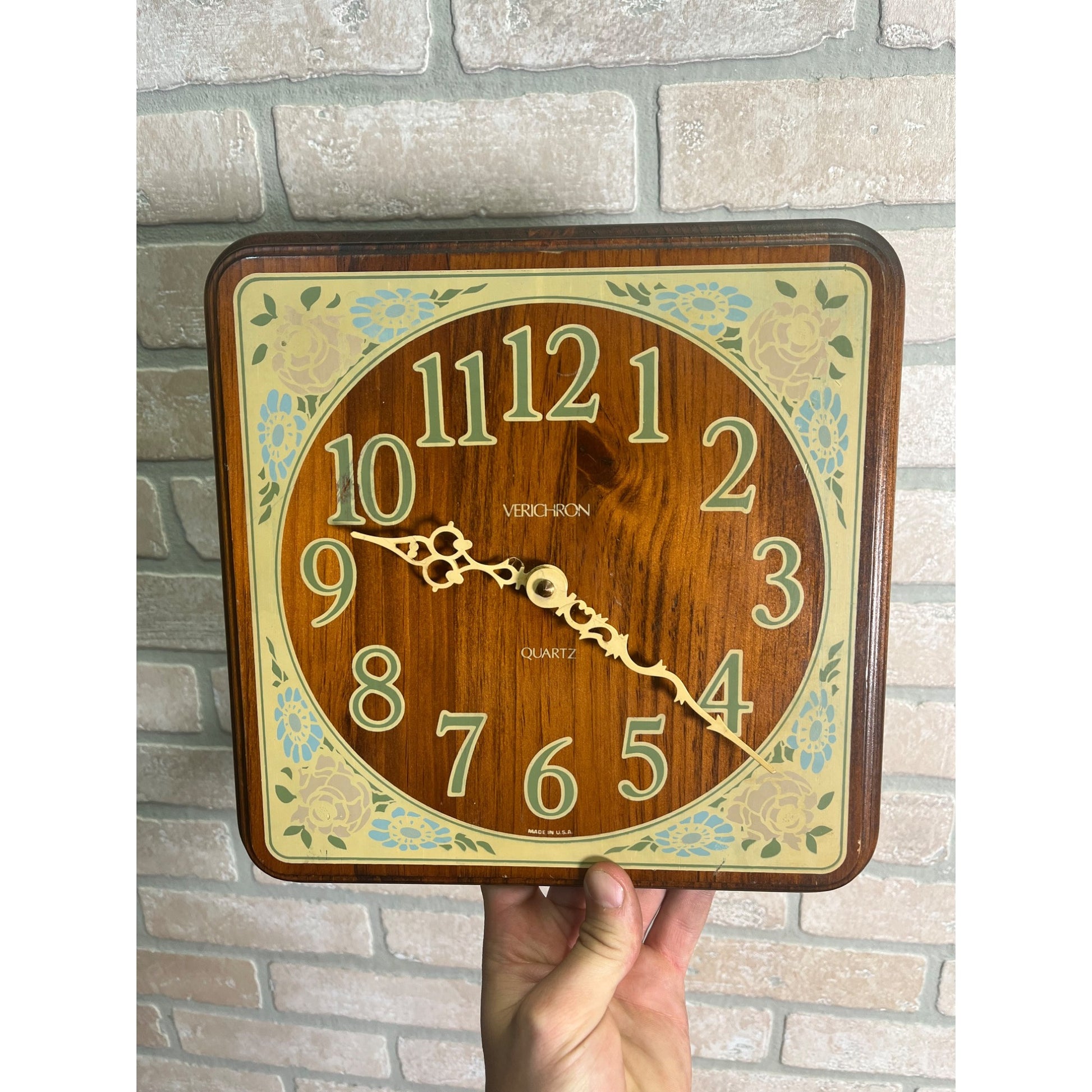 Vintage Mid-Century Verichron Quartz Wooden Wall Clock Floral Flowers MCM