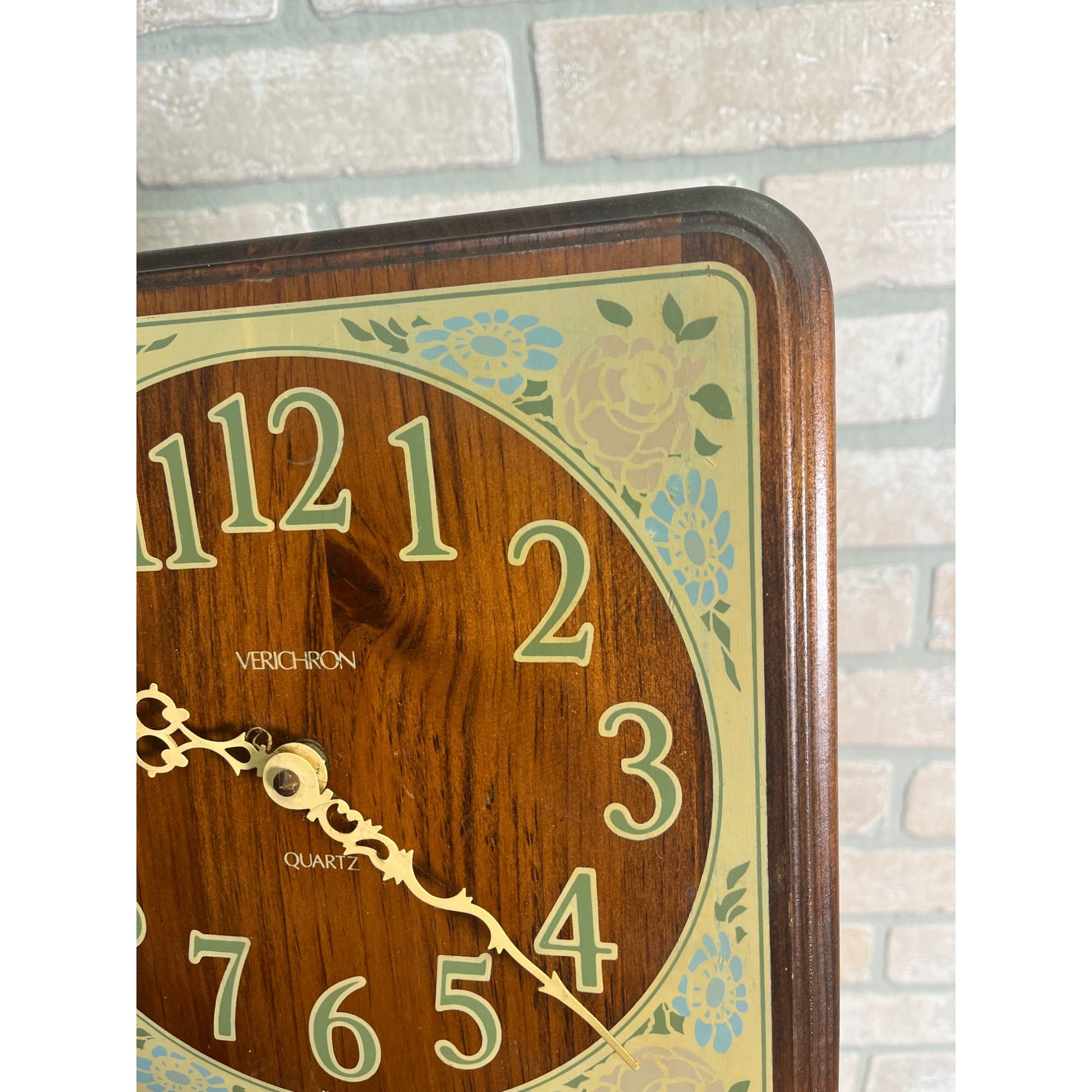 Vintage Mid-Century Verichron Quartz Wooden Wall Clock Floral Flowers MCM