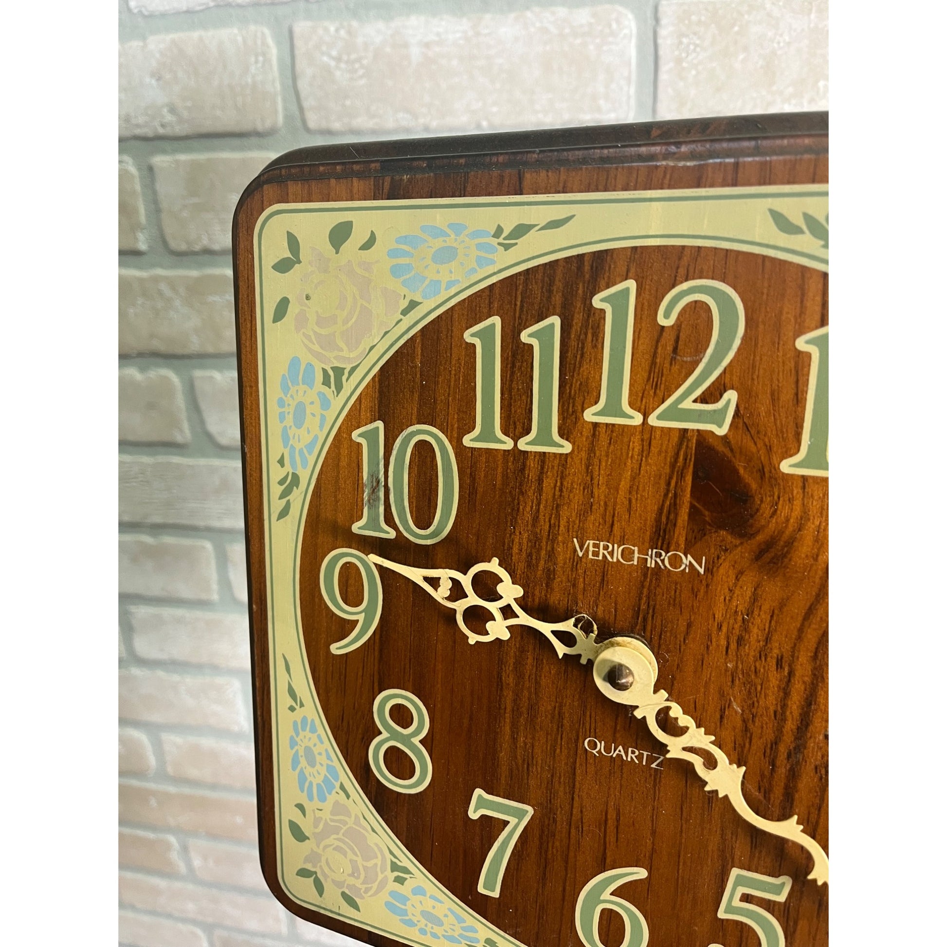 Vintage Mid-Century Verichron Quartz Wooden Wall Clock Floral Flowers MCM