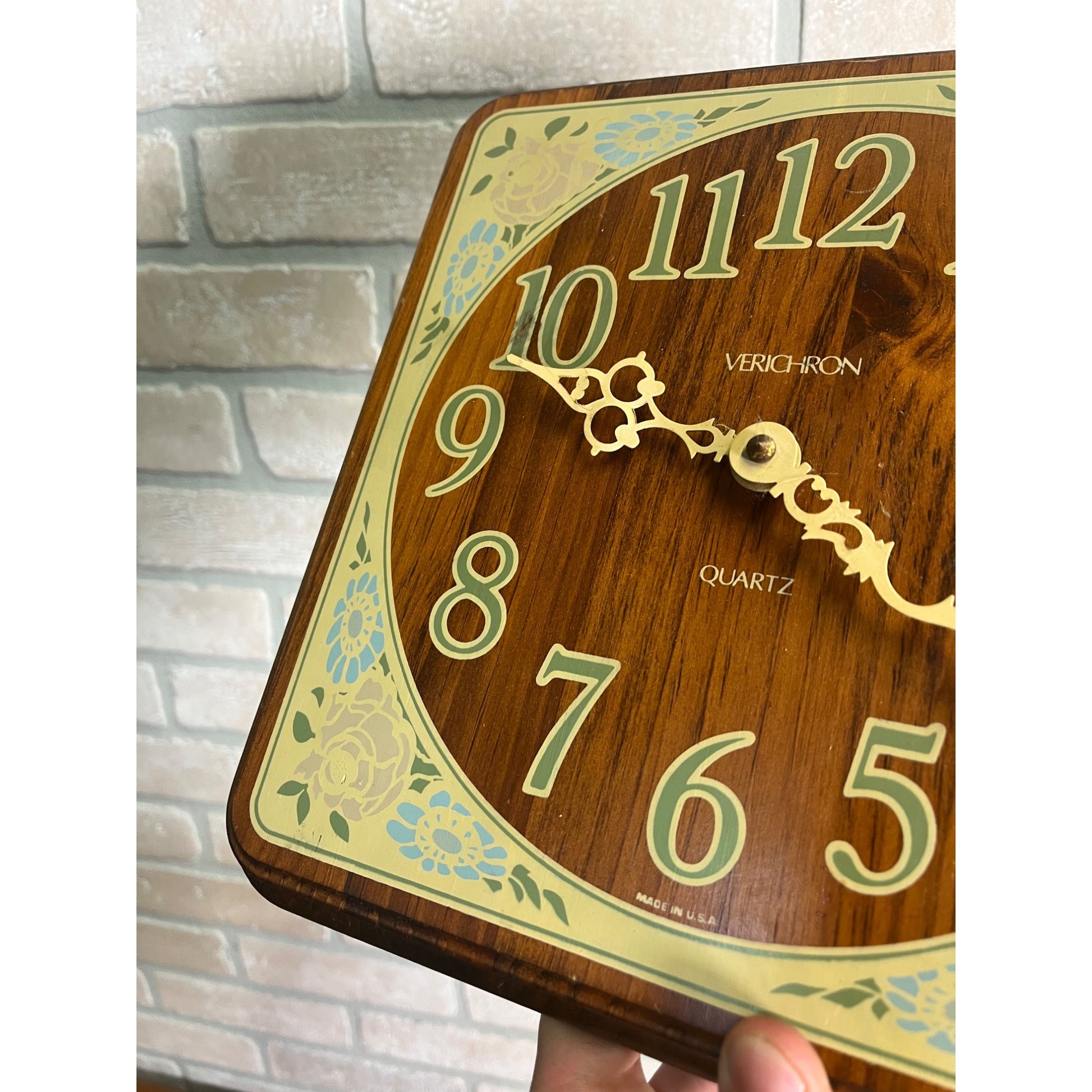 Vintage Mid-Century Verichron Quartz Wooden Wall Clock Floral Flowers MCM