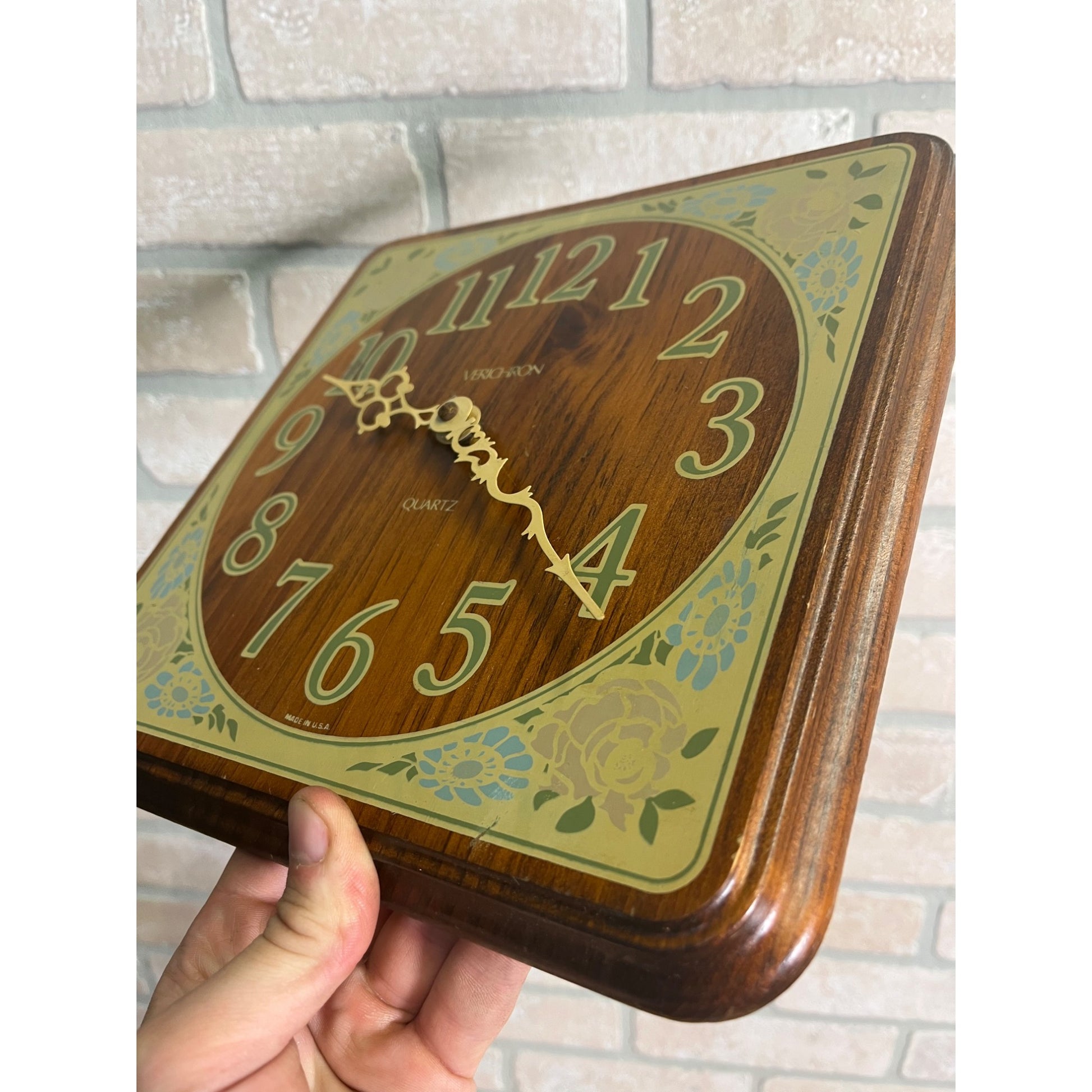 Vintage Mid-Century Verichron Quartz Wooden Wall Clock Floral Flowers MCM