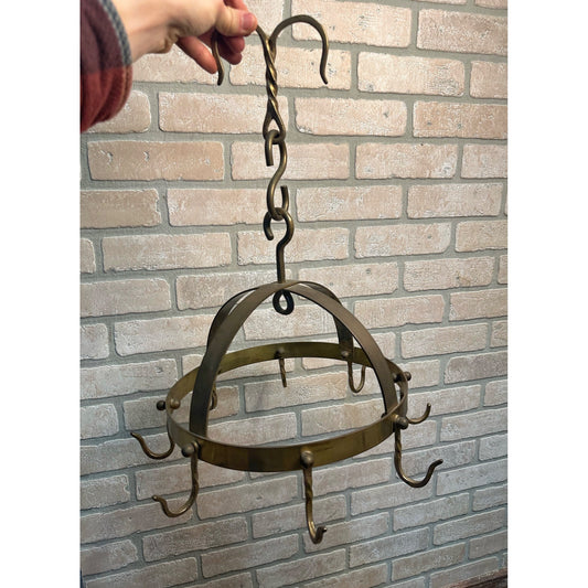 Antique Primitive Kitchen Hanging Brass Utensil Pan Rack Vintage Decor