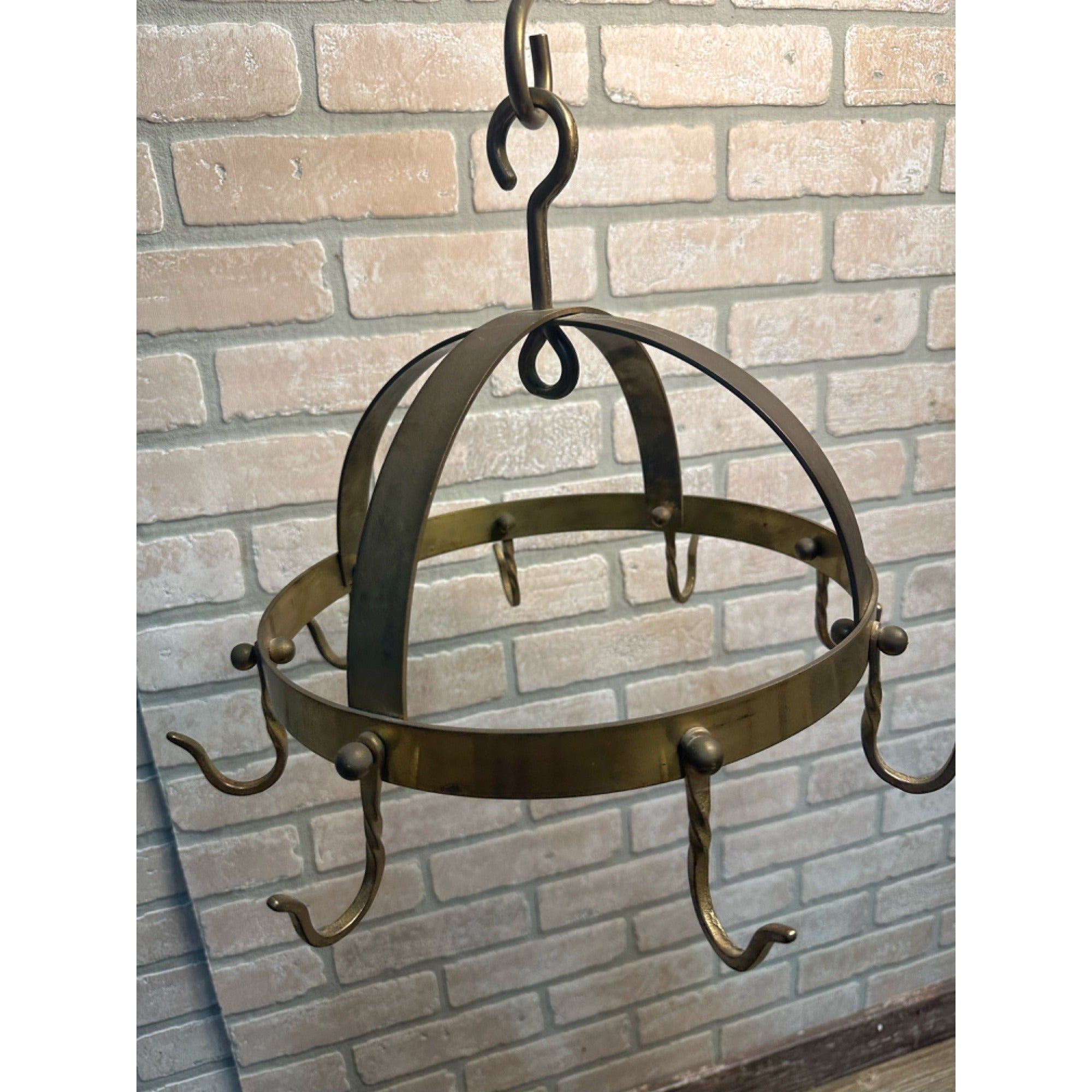 Antique Primitive Kitchen Hanging Brass Utensil Pan Rack Vintage Decor