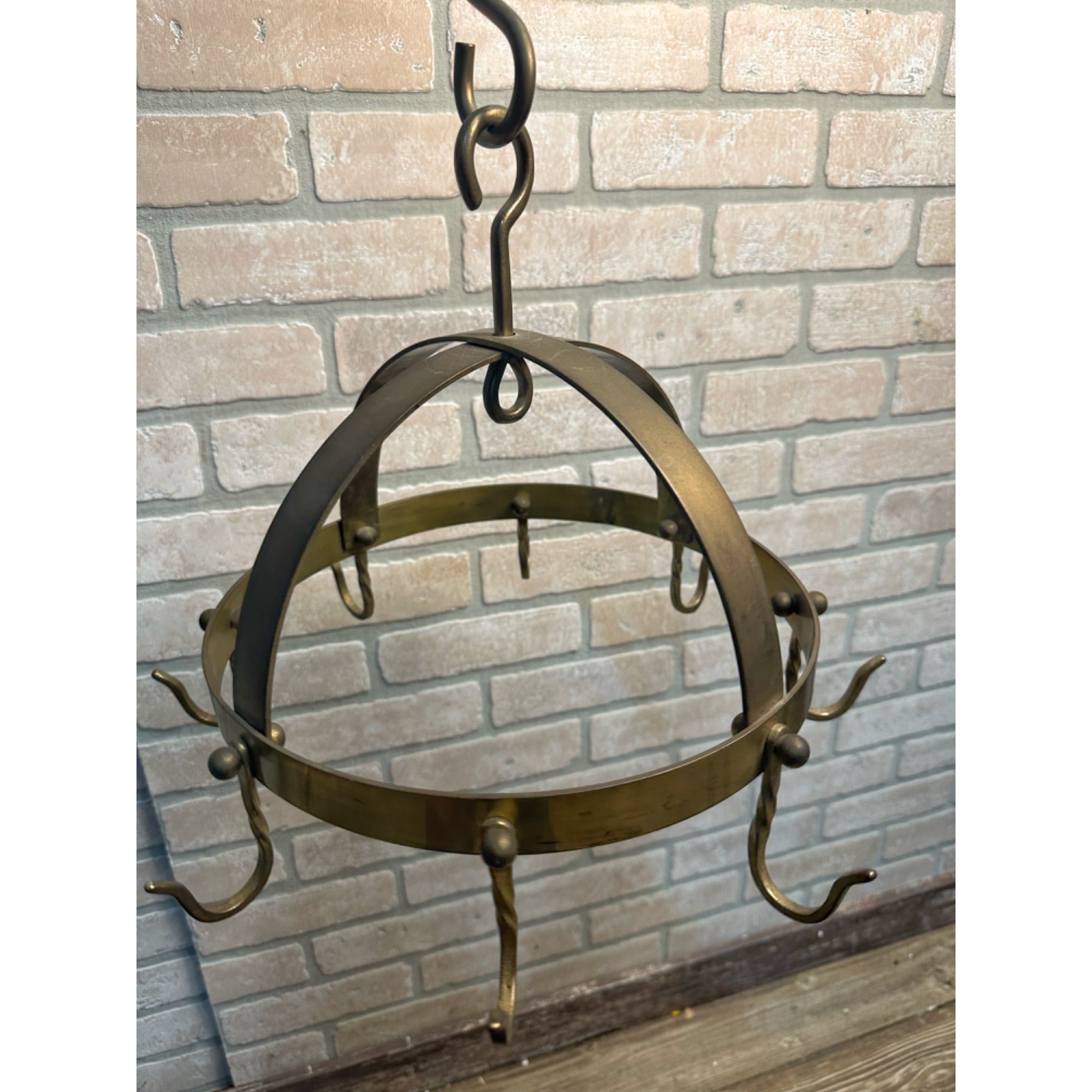 Antique Primitive Kitchen Hanging Brass Utensil Pan Rack Vintage Decor