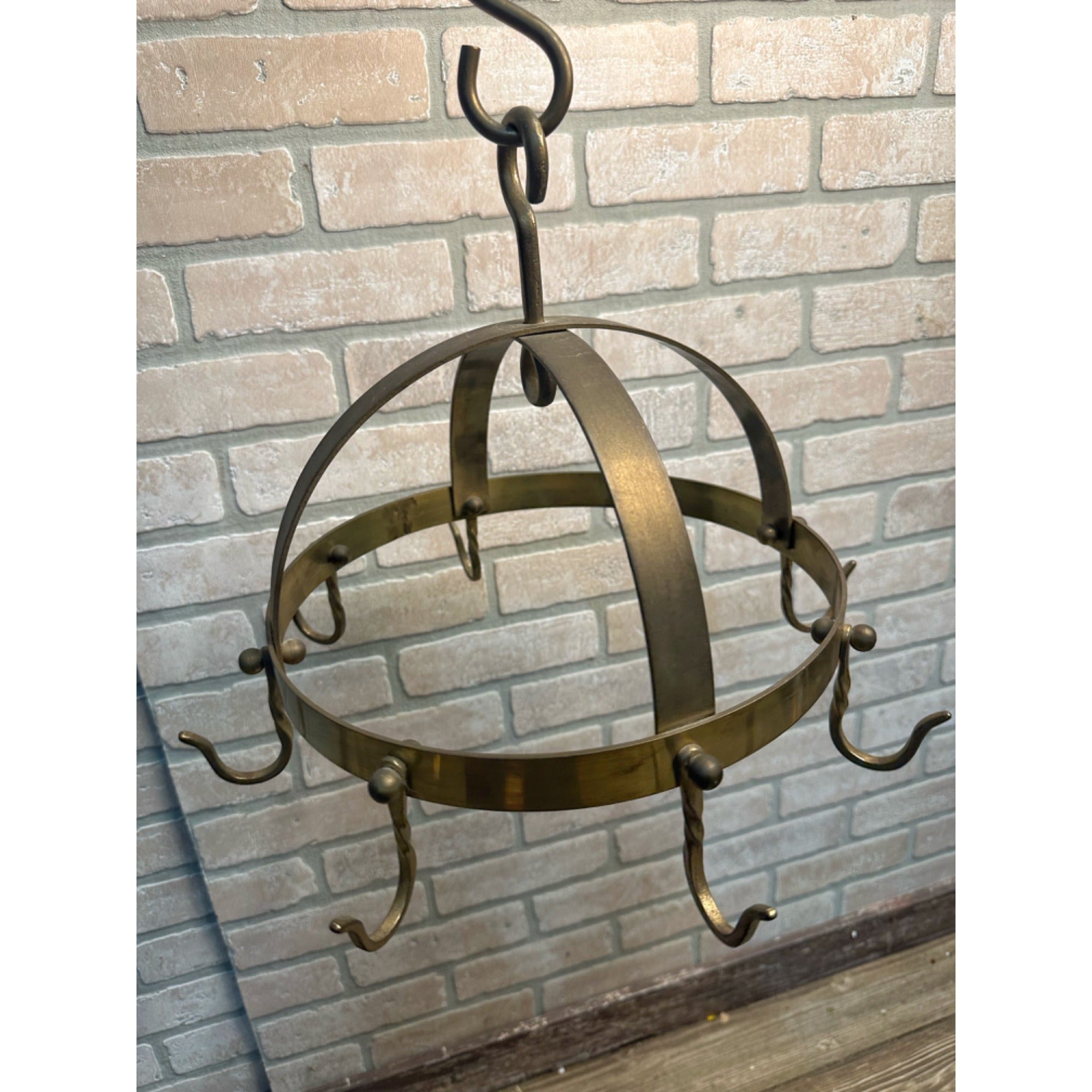 Antique Primitive Kitchen Hanging Brass Utensil Pan Rack Vintage Decor