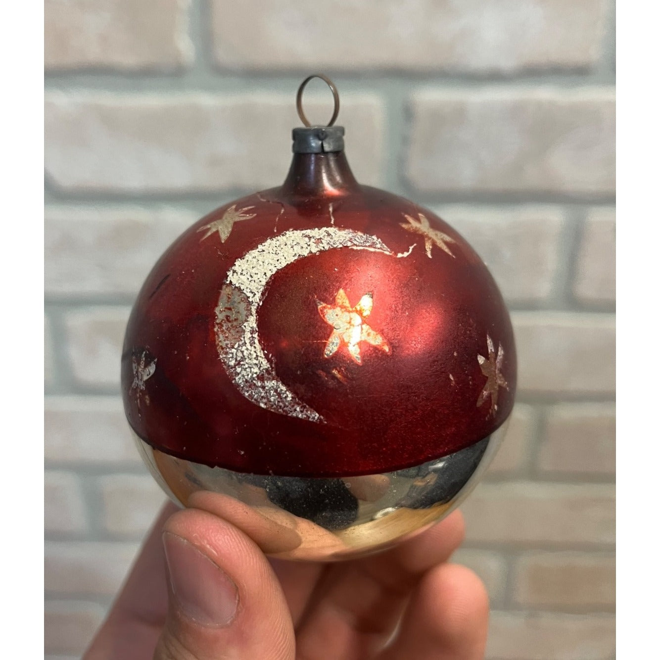 Vintage German Glass Christmas Ornament Red Silver Mica Moon Celestial Mercury Ball