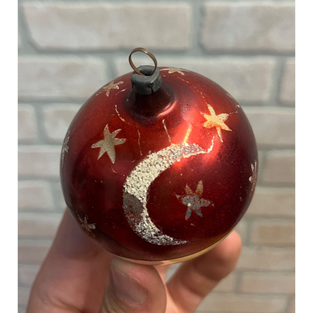 Vintage German Glass Christmas Ornament Red Silver Mica Moon Celestial Mercury Ball