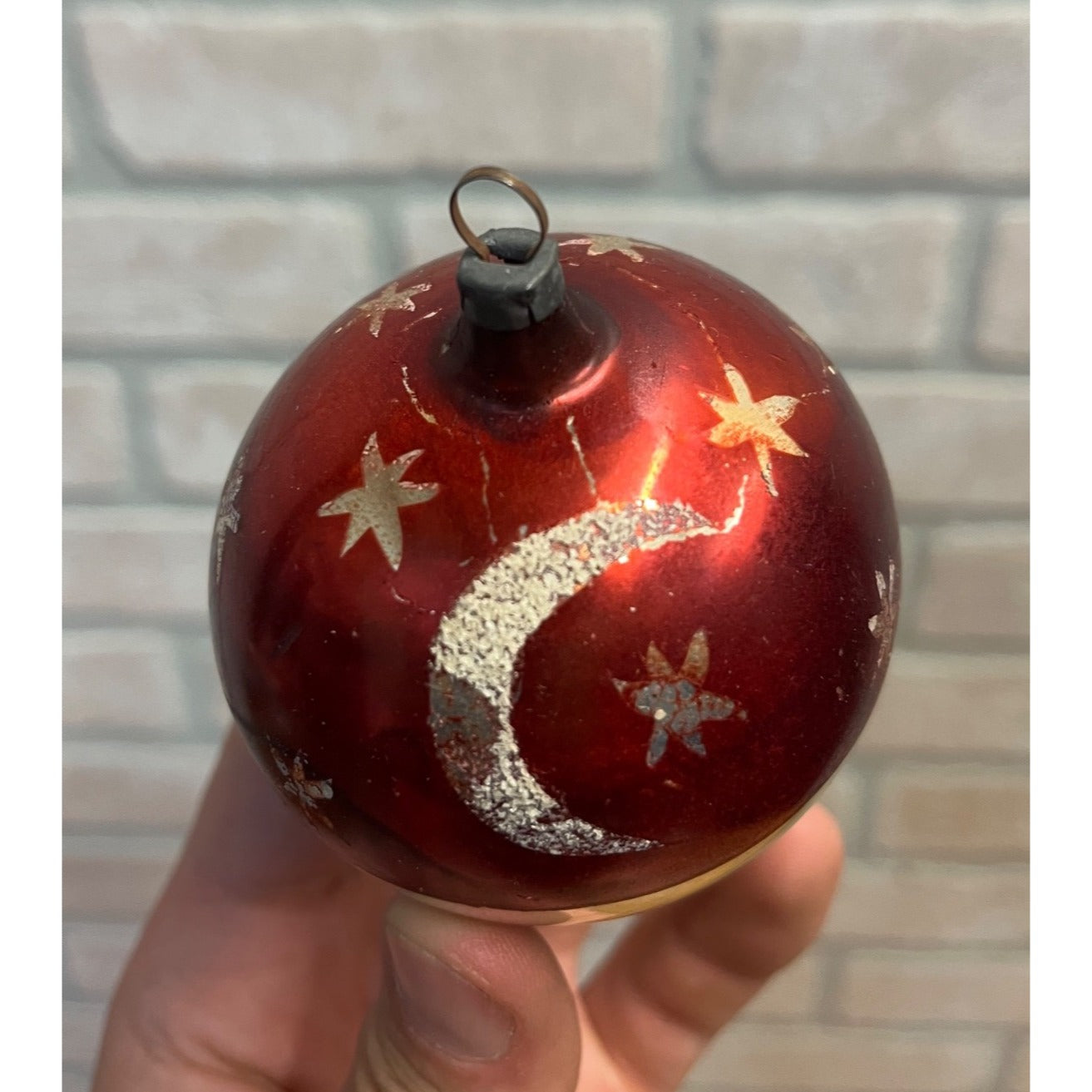 Vintage German Glass Christmas Ornament Red Silver Mica Moon Celestial Mercury Ball