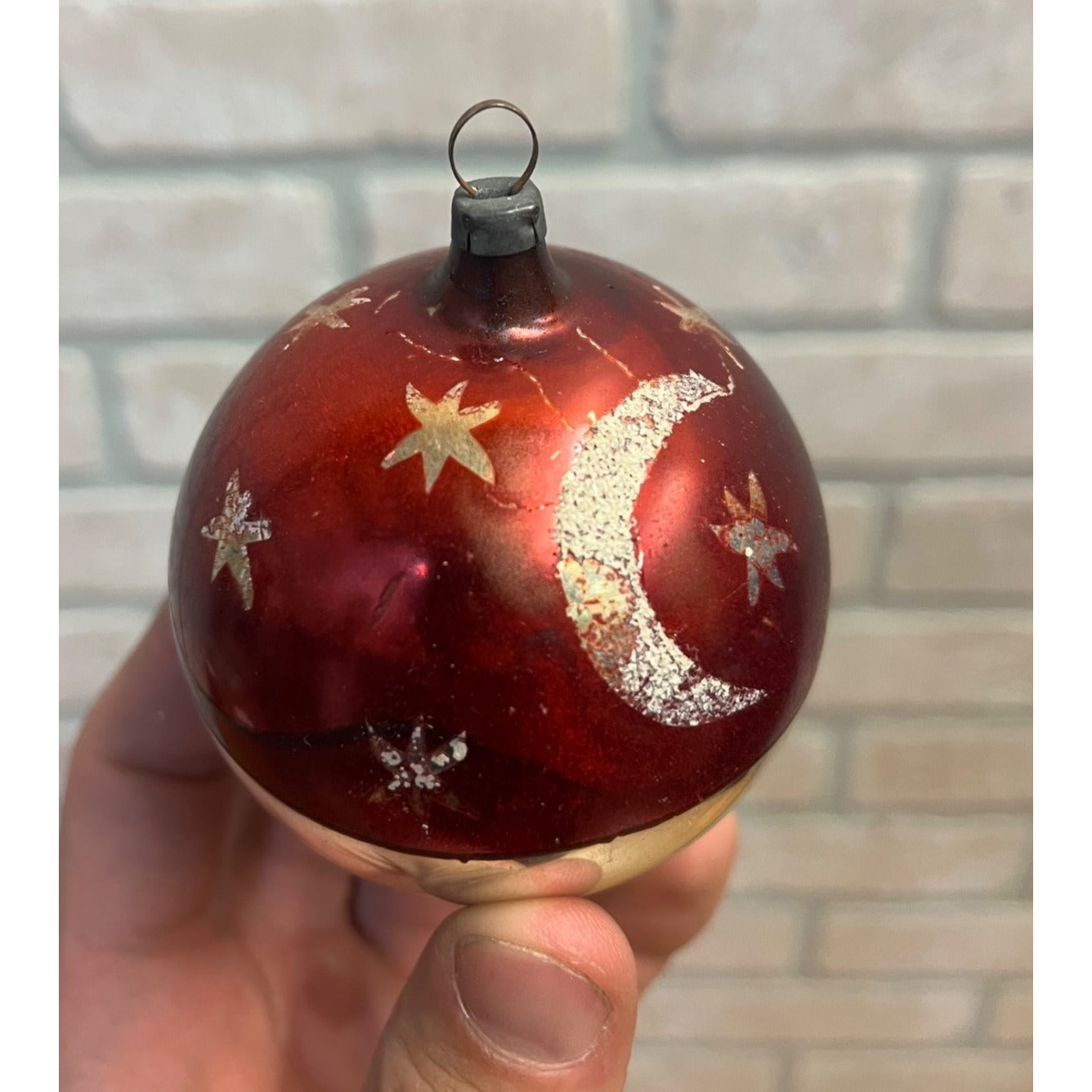 Vintage German Glass Christmas Ornament Red Silver Mica Moon Celestial Mercury Ball