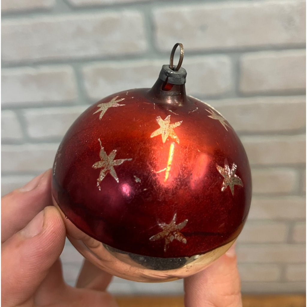 Vintage German Glass Christmas Ornament Red Silver Mica Moon Celestial Mercury Ball
