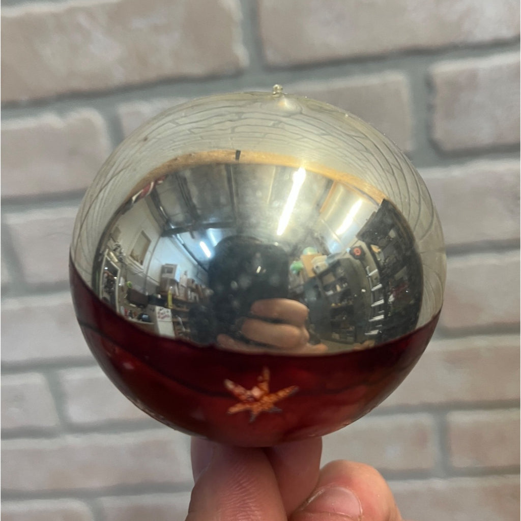 Vintage German Glass Christmas Ornament Red Silver Mica Moon Celestial Mercury Ball