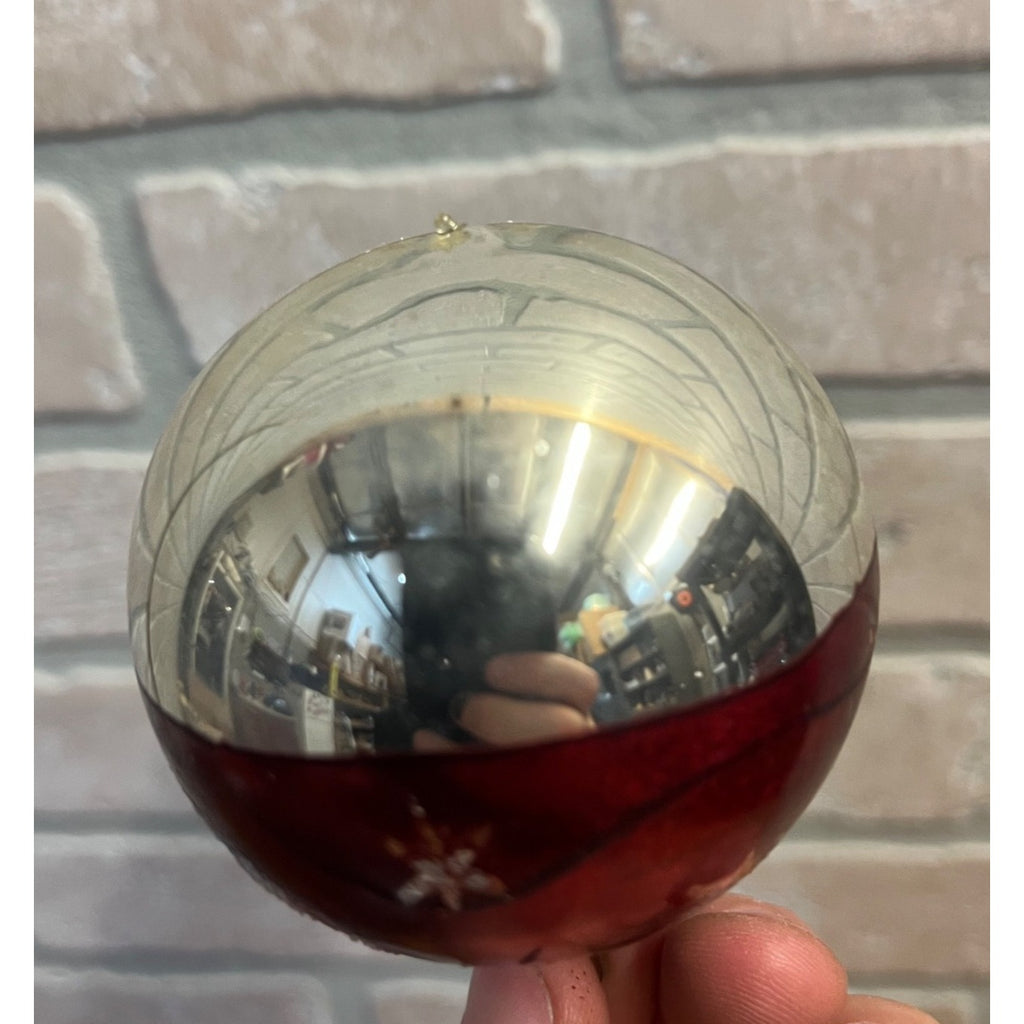 Vintage German Glass Christmas Ornament Red Silver Mica Moon Celestial Mercury Ball