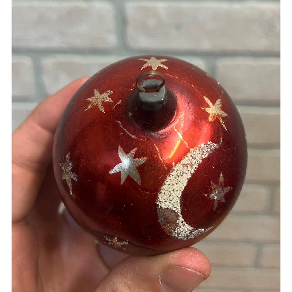 Vintage German Glass Christmas Ornament Red Silver Mica Moon Celestial Mercury Ball