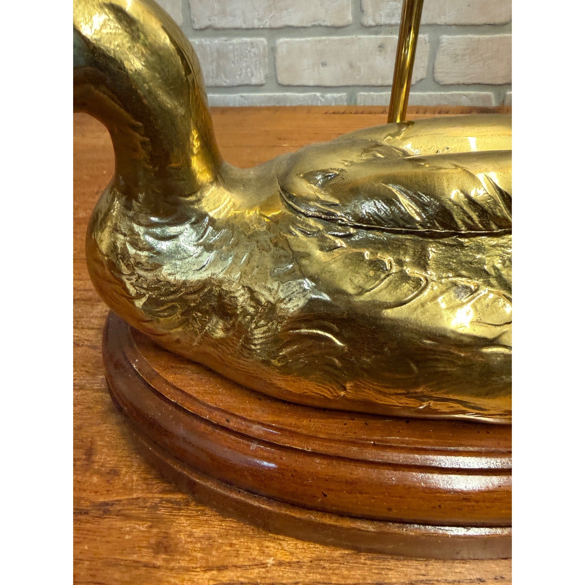 Vintage Mid Century Brass & Wood Duck Table Lamp Light Fixture Cabin Decor