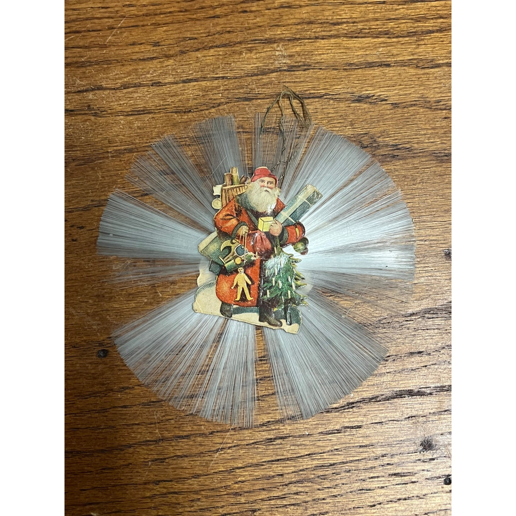 Antique Victorian German Diecut Scrap Spun Glass Ornament Santa w/ Toys