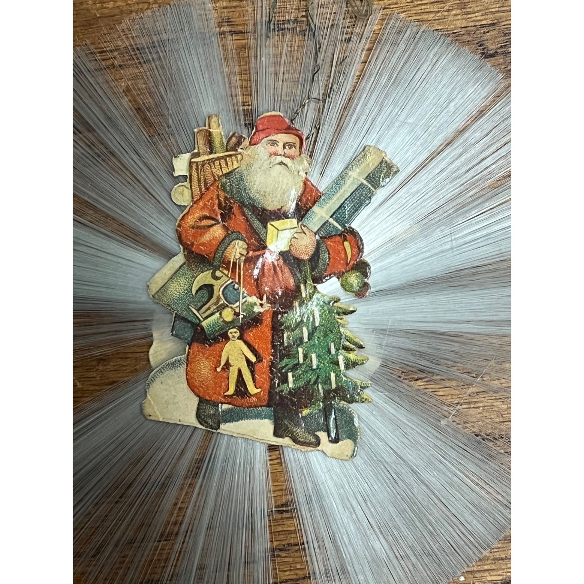 Antique Victorian German Diecut Scrap Spun Glass Ornament Santa w/ Toys