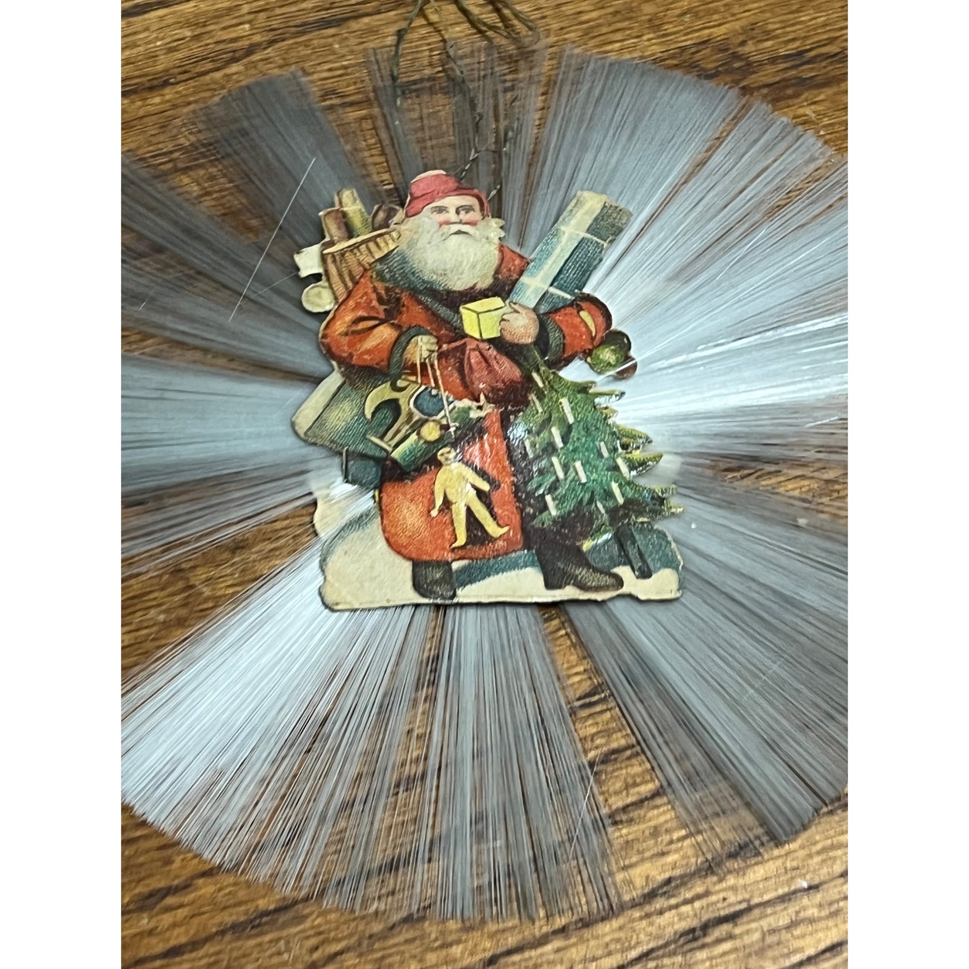 Antique Victorian German Diecut Scrap Spun Glass Ornament Santa w/ Toys