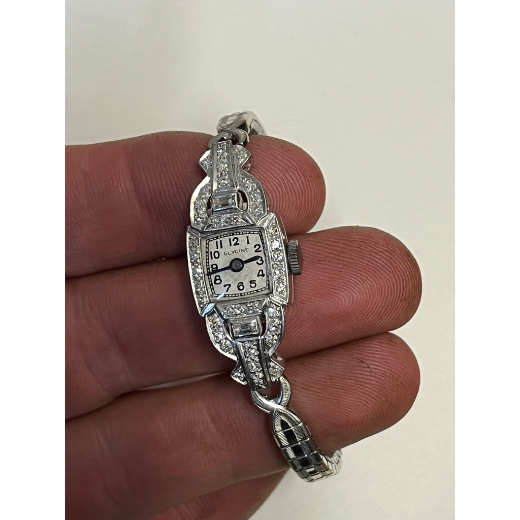 Vintage Art Deco Glycine Platinum Diamond Ladies Wristwatch 900 Platinum