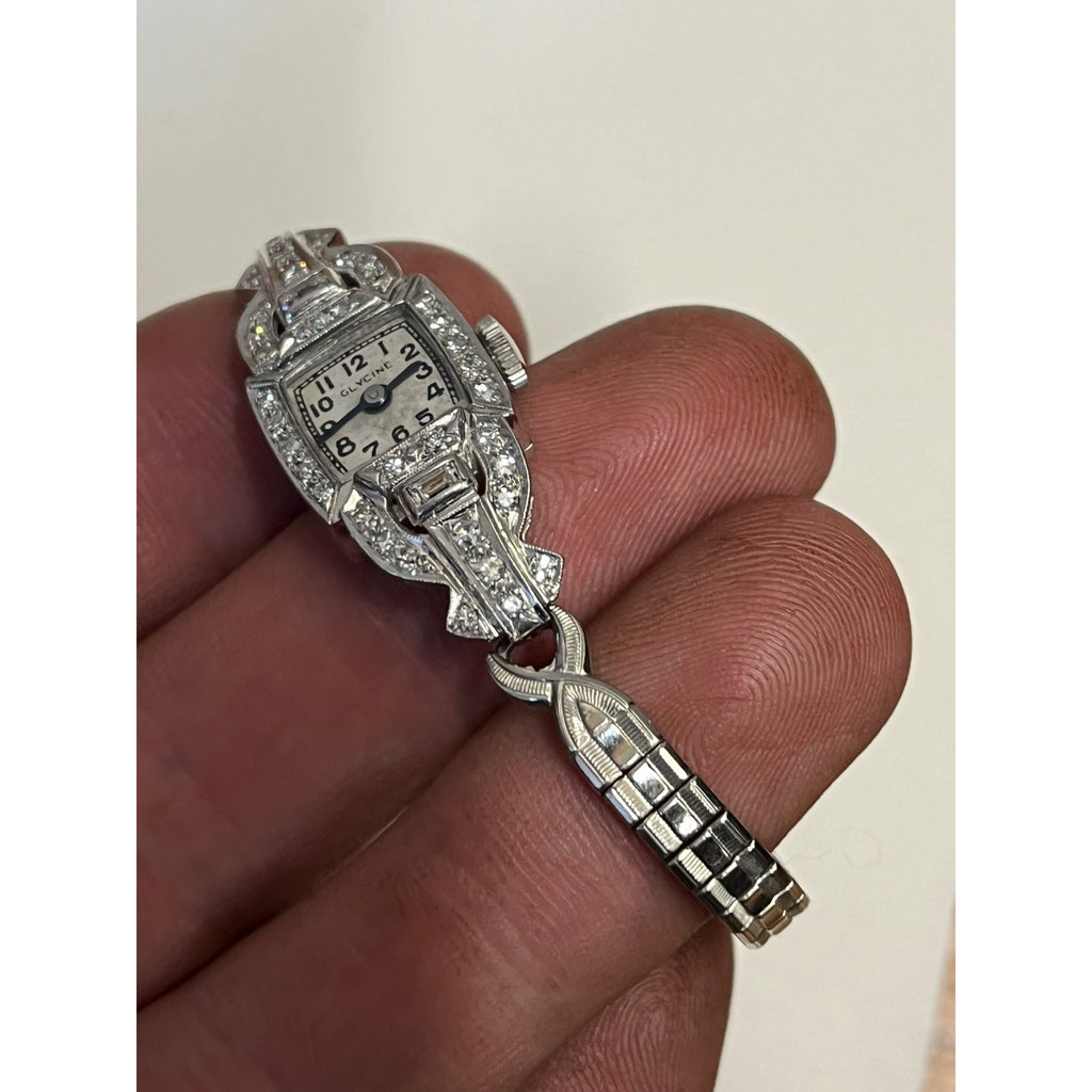Vintage Art Deco Glycine Platinum Diamond Ladies Wristwatch 900 Platinum